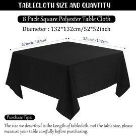 8 Pack Premium Square Tablecloth for Square or Round Table, Washable Bulk Linen Table Cloth Polyester Fabric Table Covers for Wedding Party Reception Banquet Buffet (Black, 52 x 52 Inch)