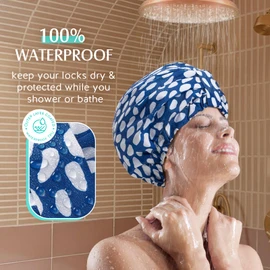 YFONG Reusable Shower Cap for Women, Waterproof & Durable Bath Cap with Double layer Lined, Adjustable Hair Cap for All Hair Lengths, Large Bathing Hat (blue)