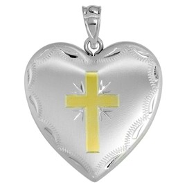 1 inch Sterling Silver Heart Locket Necklace for Women 4 Picture Gold Cross 18 inch RL_30H