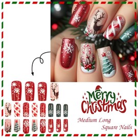 Christmas Press on Nails Medium Square Glue on Nail with Cute Elk Design Christmas Tree Snowflake Acrylic Nails Glossy Red Green Glitter Fake Nails Reusable Winter Xmas Nail for Women Manicure 24Pcs