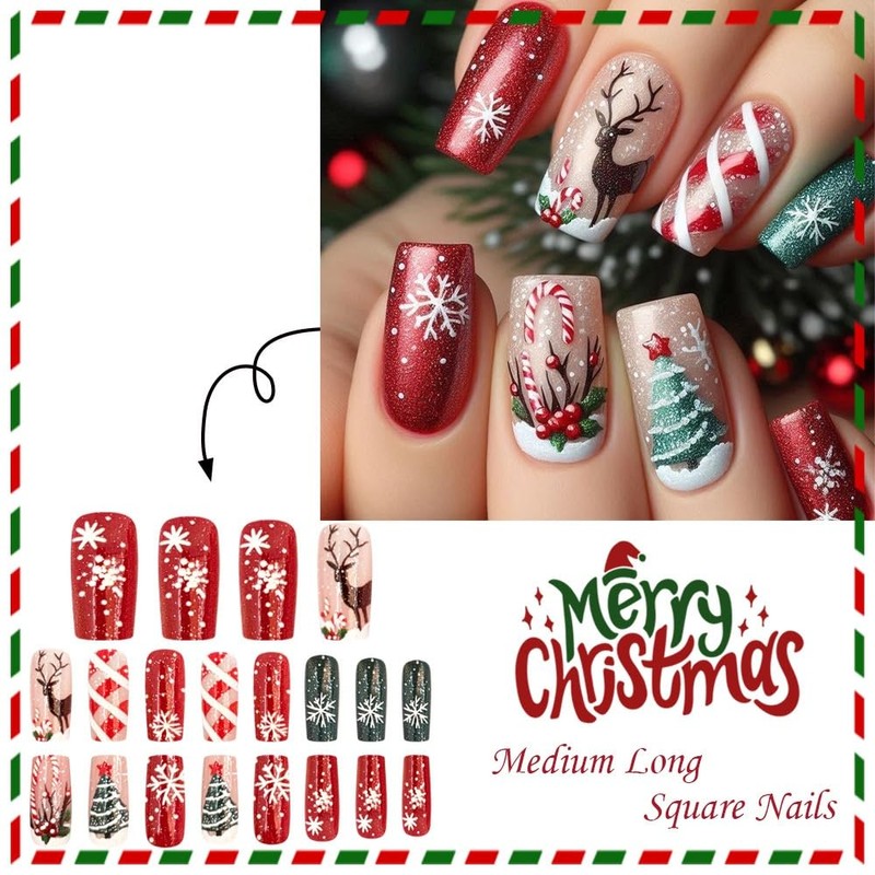 Christmas Press on Nails Medium Square Glue on Nail with