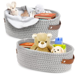 Bestcool Storage Baskets, 2 Pieces Cotton Knitted Basket, Woven Basket, Cotton Rope Baskets, Bathroom Basket, Foldable Storage Basket with Handles for Cupboards, Drawer Cupboard, Shelf, Chest of