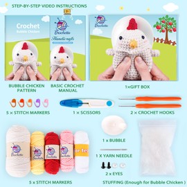 Crochetta Crochet Kit for Beginners, Squeeze Bubble Amigurumi Crocheting Kits w Step-by-Step Video Tutorials, Knitting Starter Supplies for Adults Kids, Anxiety Relief Bubble Chicken (40%+ Yarn)