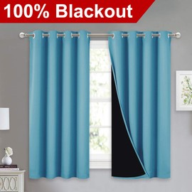 NICETOWN 100% Blackout Curtains with Black Liners, Thermal Insulated Full Blackout 2-Layer Lined Drapes, Energy Efficiency Window Draperies for Boy's Room (Teal Blue, 2 Panels, 52-inch W by 54-inch L)