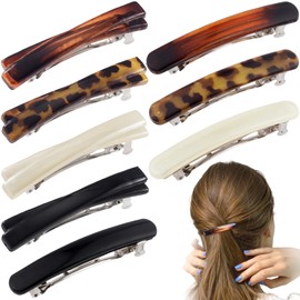 STSTR 8PCS French Barrette Hair Clips for Women, 2 Styles Small Tortoise Shell Hair Clip, Curved Glossy Thin Hair Flat Hair Accessories for Women (Black, White, Leopard Color, Amber)
