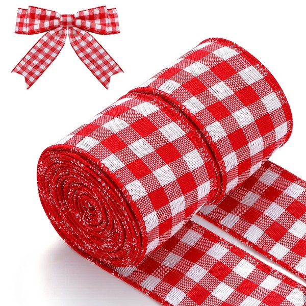 2 Rolls Red and White Buffalo Plaid Wired Ribbon for