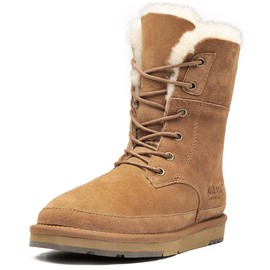 AU&MU Womens Lace up Sheepskin Classic Fur Winter Snow Boot Chestnut Size 8