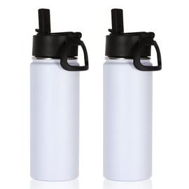 Volhoply 18oz Insulated Water Bottle Bulk 2 Pack,Kids Stainless Steel Water Bottles with Straw Lid,Double Wall Vacuum Metal Thermos Bottle,Wide Mouth Reusable Sports Flask for Cold Drink(White,2 Set)