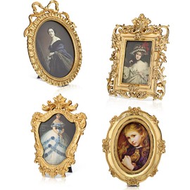 Geetery 4 Pcs Gold Mini Vintage Frames Set, Small Antique Picture Frame Luxury Wall Frame Ornate Oval Frame Circle Rectangle Wall Photo Display Hanging Gift for Christmas Gallery Home Decor