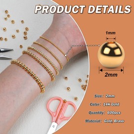 LETORIA 14K 600pcs 2mm Gold Filled Beads for Jewelry Making Small Metal Gold Beads for Bracelets Non Tarnish Tiny Round Brass Gold Spacer Beads for Necklaces Earrings Rings and DIY Craft