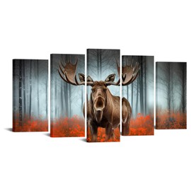 KREATIVE ARTS Rustic Wildlife Moose Canvas Wall Art 5 Piece Elk Deer in Foggy Forest Print Set Vintage Framed Artwork for Living Room, Bedroom, Cabin Decor 60x32 inches