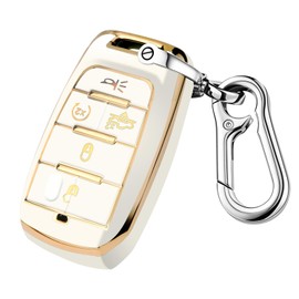 QBUC for Dodge Key Fob Cover, Fits for Dodge RAM 1500 2500 3500 4-5 Buttons 2019 2020 2021 2022 2023 TPU Key Fob Case with Keychain, Smart Remote Accessories Key Fob Protection (Gold-White)