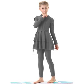 FYMNSI Burkini Swimsuits for Girls Kids Muslim Swimsuit Islamic Hijab Cap Swim Dress Top Pants Modest Full Coverage Swimwear Toddler Long Sleeve Rashguard Beachwear Swimming Bathing Suits Grey 9-10T