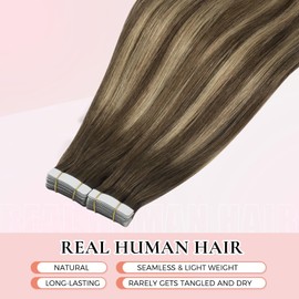MEI YUAN LIN Tape in Extension Human Hair Balayage Chocolate Brown to Caramel Blonde Skin Weft 20pcs 50g Invisible Straight Hair Hair Extensions Tape in Thick Ends 20 Inch yarn for Party