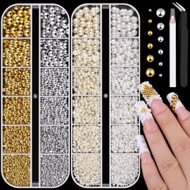 Flatback Pearls for Nail Art, Half Round Nail White Beige Gold Silver Pearls with Pickup Pencil and Tweezers, Pearls Nail Charms Accessories for Acrylics Manicure Face Hair Crafts Decor