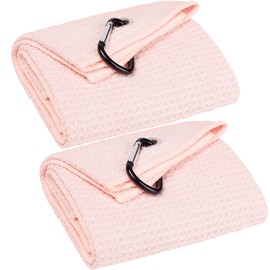 VIVIDLY 2 Pack Tri-fold Golf Towels, Premium Microfiber Fabric Waffle Pattern with Black Heavy Duty Carabiner Clip, Pink Golf Towels for Golf Bags for Men (Pink)