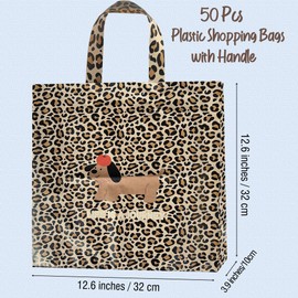 MOCCNORA 50 Pack Plastic Shopping Bags with Handles, 12.6" x 12.6" Leopard Gift Bags for Small Business, Retail and Boutique