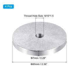 PATIKIL 60mm Round Shape Aluminum Disc, 4 Pack M10 Thread 7mm Thickness Hardware Aluminum Circle Glass Table Top Disc for Glass Table, Silver