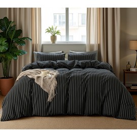 XINMIANFANG Striped Duvet Cover Set Full Size 100% Washed Cotton Linen Feel Natural Wrinkle Comfy Lightweight Bedding Set (Full, Double Stripe-Black/White)