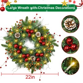 Beinhome Pre-Lit Christmas Wreath with Timer Lights, 24in Christmas Wreaths Winter Wreath for Front Door Decor, Wreaths with Berries Red Ball Ornaments Acorn for Christmas Door Decoration