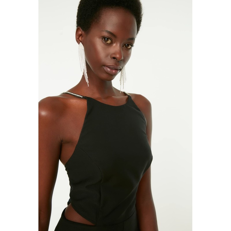 TRENDYOL Women's Waist Detailed Stone Hanging Jumpsuit, black