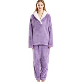 Yanhalo Womens Pyjamas Warm Fleece Pyjamas Set Winter Soft Ladies 2 Piece Nightwear Loungewear Set Longsleeve Top and Thermal Bottoms Pjs Sleepwear with Pocket Purple