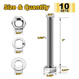 Mywish (10 Sets) 5/16-18x2 Hex Head Assorted Screws Nuts and Bolts with Flat & Lock Washers, 304 Stainless Steel 18-8, Fully Threaded, 5/16 Bolt Metric Bolt Assortment