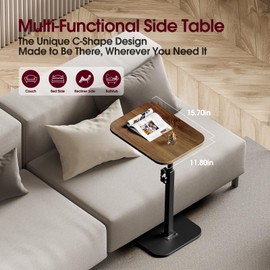 End Table C-Shaped Adjustable Pedestal Side Table Night Stand with 360° Rotating Top, Height Adjustable, Small Couch Living Room or Bedroom Versatile End Table for Sofa or Bedside, Rustic Brown