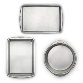Doughmakers 40056 Premium Quality Commercial Grade Bakeware, Set of 3 Baking Pans, 10 x 15 sheet, 9 x 13 pan, 9-inch round, Silver, Large