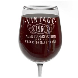 Vintage 1960 Etched 16oz Stemmed Wine Glass - 65th Birthday Gifts for Women - Cheers to 65 years old - 65th decorations for her - Best Engraved Wine Gift ideas Friend Mom - Sister 2.0