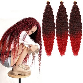 18 inch Ocean Wave Crochet Hair T1B/Red Deep Wave Curly Braiding Hair Extensions 3 packs Long Wavy Water Wave Braid For Women Synthetic Crochet Braids(18 inch, T1B/Red)