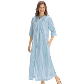 Collections Etc Women's Seersucker Embroidered Floral Lounger, Blue, Medium