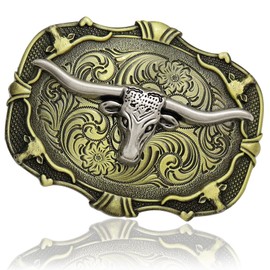 Western Cowboy Belt Buckle, Long Horn Bull and Running Horse Belt Buckles Cool Birthday Party Gift for Men Women, 2 Styles, Gold Bull Head, Medium