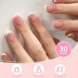 CUZIAM Pastel Rainbow French Tip Press on Nails for Women, Short Square Macaron Candy Sweet Spring Summer Soft Gel Full Cover Stick on Nails, 24Pcs Glossy Reusable False Fake Nails Kit with Glue