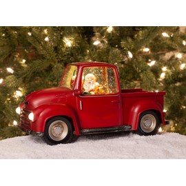 Roman, 6" H Lighted Swirl Red Truck with Santa and a Puppy, Confetti Lites, Tabletop Christmas Decoration,