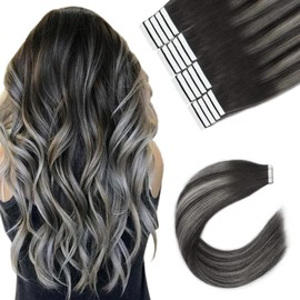 Sixstarhair Invisible Tape Extensions Real Hair 20 Pieces 50 g 20 Inch Thick Remy Hair Extensions Silky Straight Tape-In Hair Extensions #1bt1b Silver