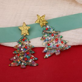 Christmas Tree Earrings for Women, Acrylic Tree Star Earrings Stud with Rhinestones Beads Dangle Holiday Jewelry for Festive Christmas Party Holiday Outfit Gift Accessories (Colorful)