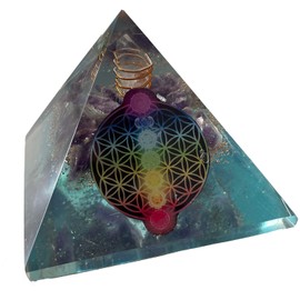 CHONIT Orgonite Pyramid, Chakra Mix Ocean Light Blue with Flower of Life Symbol Protection Small with Rock Crystal for Home Decoration (Light Blue)