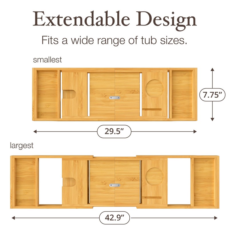 Wooden Bathtub Tray - Foldable Expandable Bamboo Bath Tray for