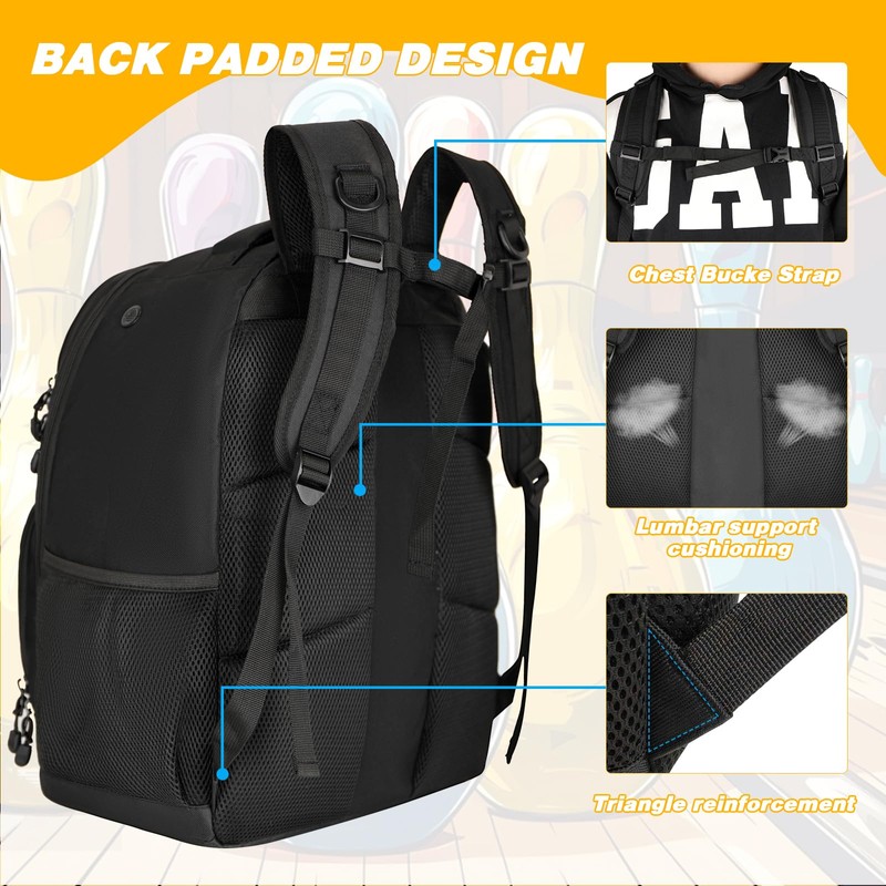 2 Ball Bowling Backpack,Bowling Ball Bag with Shoe Compartment &
