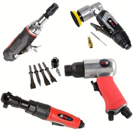 ATE Pro. USA - Air Tool Combo Set, Air Twin Ratchet Wrench 3/8" Pro, Air Hammer w/Chisel, 1/4" Mini Extended Air Die Grinder (1" Shaft), 2" Air Angle Sander w/ Velcro Backing Pad, Pneumatic Tool Kit