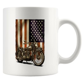Motorcycle American Flag Motorcycle Gifts For Dad Husband Brother Boyfriend Rider Biker Motorcyclist Retro US USA Novelty Drinkware Ceramic Mug 11 oz White