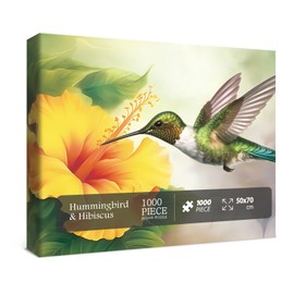 Hummingbird Picking Flowers Puzzles for Adults 1000 Pieces, Bird Flower Jigsaw Puzzles for Adults, Hummingbird and Hibiscus Flower Puzzle Decorations DIY Leisure Game Toy Suitable Family Friends