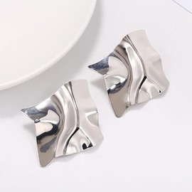 Geometric Texture 3D Large Metal Simple Modern Ripple Crumpled Earrings Irregular Exaggerated Sequins Minimalism Simple Earrings Rectangle Large Leaf Trendy Jewley Gifts-E Silver