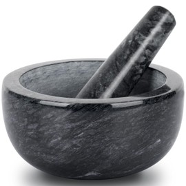 Tera Marble Mortar and Pestle Set Large Solid Stone Grinder Spice Herb Grinder Pill Crusher (Black, Diameter 5.5")