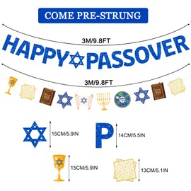JKQ Blue Glitter Happy Passover Banner and Passover Patterns Banner Jewish Holiday Pesach Garland Banner Matzoh Star of David Passover Seder Party Fireplace Mantle Decorations Supplies