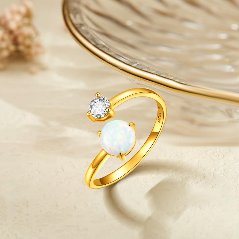 SIMPLGIRL Opal Rings 925 Sterling SIlver Stacking Rings Adjustable Rings