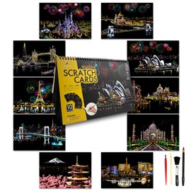 SiYear Scratch Art Painting Paper Set for Adults and Kids Landmark City Series Night Scene Scratch Board Creative Gift DIY Foil Engraving Crafts with 4 Tools (City-A4-10-Pack)