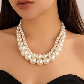 Chunky Pearl Necklace Choker for Women Big White Imitation Pearl Necklace Double Layered Large Pearl Choker Beach Summer Jewelry Gifts