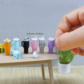 Miniature Drink Cup & Toast Set, Realistic Dollhouse Miniatures, Mini Tumbler with Detachable Lid & Straw, 1/12 Scale Food for Dollhouse Décor (Rose Pink)
